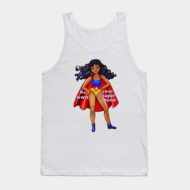 Be your own superhero  - Black anime superhero girl with flowing hair and red cape ! beautiful  black girl with Afro hair, brown eyes, Cherry pink lips and dark brown skin. Hair love ! Tank Top by Artonmytee